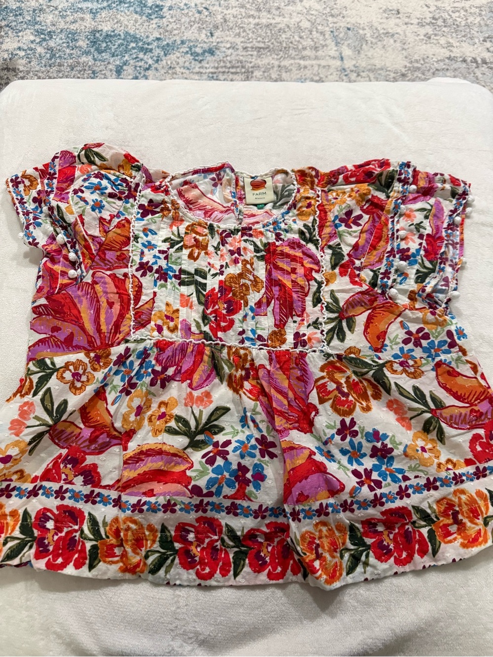 Farm Rio Floral Top with Pom Pom Detailing on Sleeves Large E04